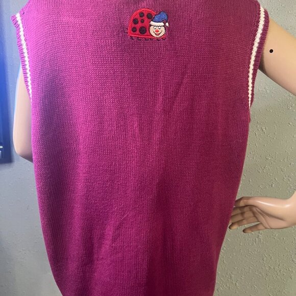 Holiday Time Plum Color Button up BAH HUM BUG Sweater Vest Lady Bugs Holiday XL - Picture 2 of 10